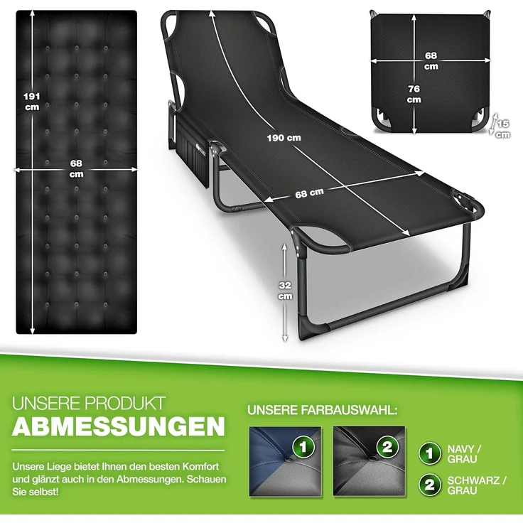 tillvex® Campingbett klappbar Schwarz mit Seitentasche & Nackenkissen bis 280 kg | Campingliege Sonnenliege mit Polster | Feldbett Outdoor & Indoor | Klappbett Gästebett faltbar Garten Camping Festival Reise – Bild 7