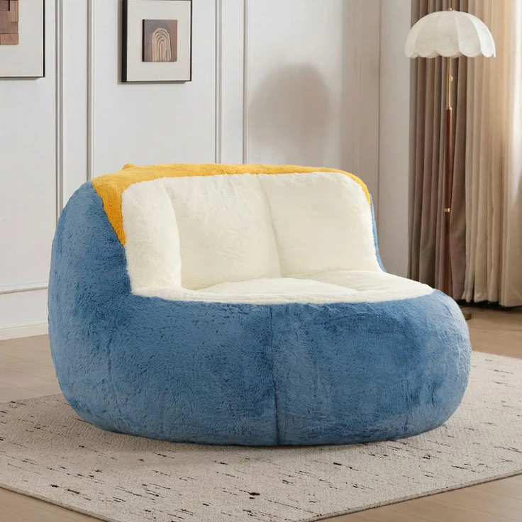 Übergroße Sitzsäcke, mehrfarbiges Kunstfellsofa mit Füllung aus Schaumstoffflocken, großes Lounge-Sofa fürs Wohnzimmer, keine Montage erforderlich, Blau+Weiß+Gelb – mehrfarbig – 106 x 110 x 77 cm – YOUDENOVA – Bild 1