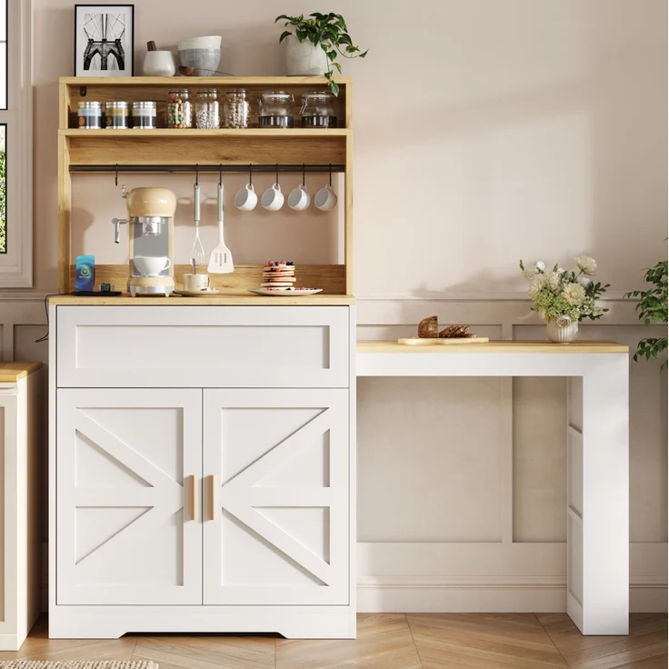 Küchenschrank 144 x 40 x 142 cm in Weiß mit ausziehbarer Arbeitsplatte und Seitenregal – Bild 5