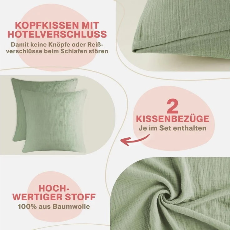 Blumtal Kissenbezug Musselin Kissenbezug - Oeko-TEX zertifiziertes Musselin Kopfkissen, (2 Stück), 100% Baumwolle – Bild 3