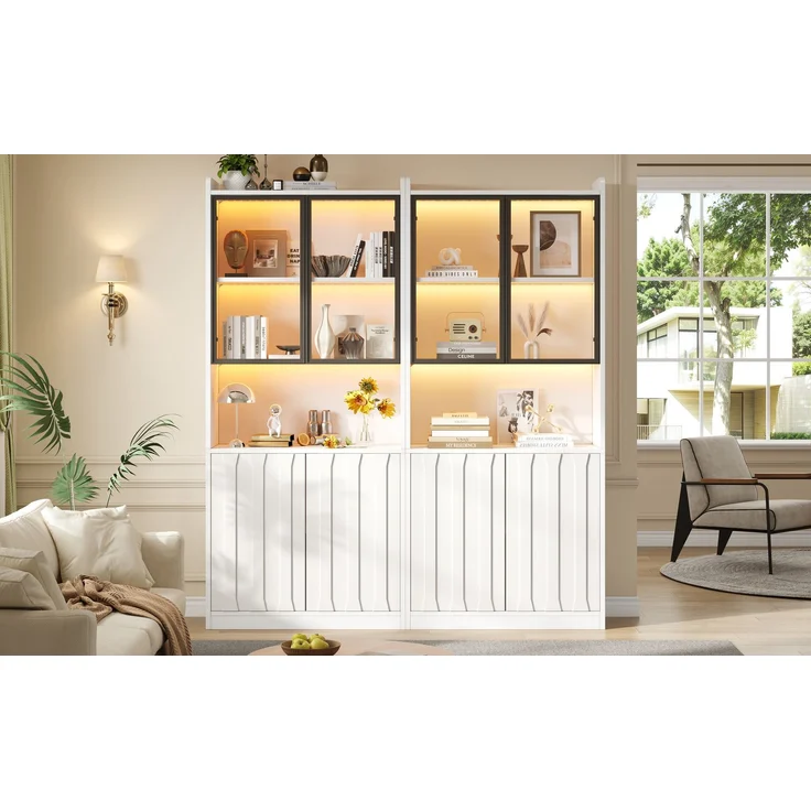 Vitrine 2er-Set, LED Vitrine, Hochschrank mit Glasschranktüren, Hochschrank Glasvitrine mit LED und Offene Partition,Wohnzimmerschrank mit Glastüren, Küche, Eingangsbereich,Weiß ,160x35x200cm--Weiß--160x35x200cm--YOUDENOVA – Bild 6