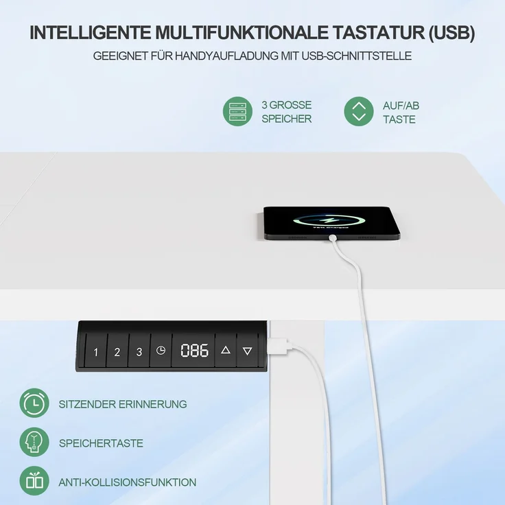 Elektrisch höhenverstellbarer Schreibtisch, Memory-Funktion, USB-Anschluss, Kabelmanagement, Holzwerkstoff / Metall, Weiß, 160 x 80 cm, Höhe 72-118 cm – Bild 3