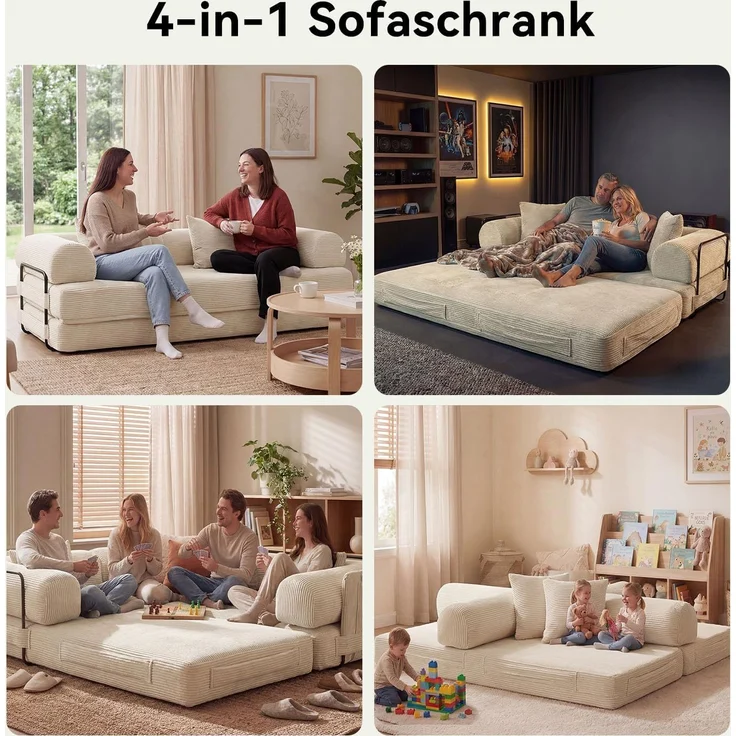 Aoxun Kordstoff Schlafsofa 200×97×70cm, 5-in-1 Umwandelbares Bodensofa, Hochdichter Schaumstoff, Haustierfreundlich, Keine Montage, Weiß – Bild 3