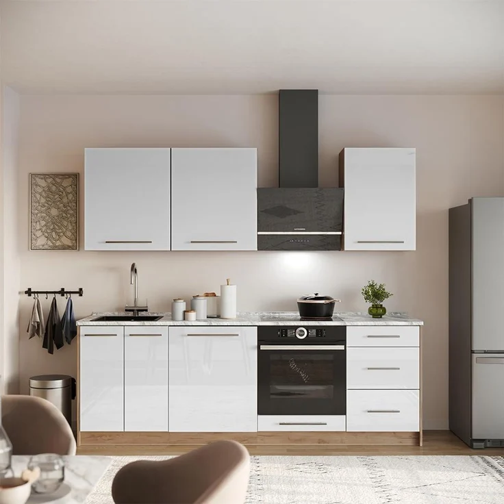 Küchenzeile Fame-Line Weiß Hochglanz/Goldkraft Eiche 230 cm, AP Marmor Vicco – Bild 3
