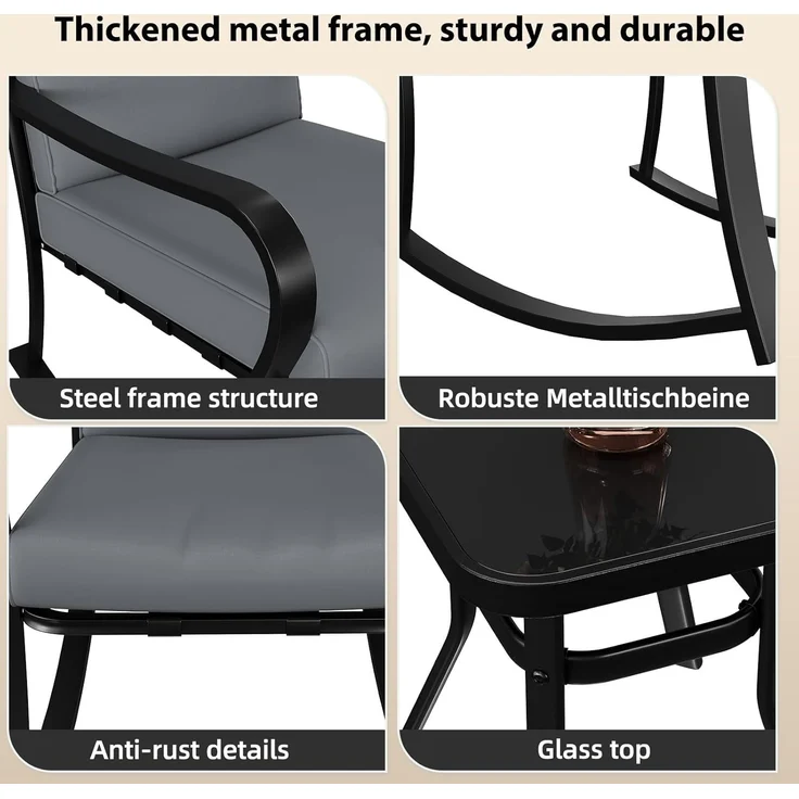GarveeHome 3-teiliges Bistro-Set für den Außenbereich – 2 Schaukelstühle mit warmgrauen Kissen & Glastisch, Gartenmöbel-Set für Garten, Terrasse, Pool und Balkon (Grau) – Bild 3