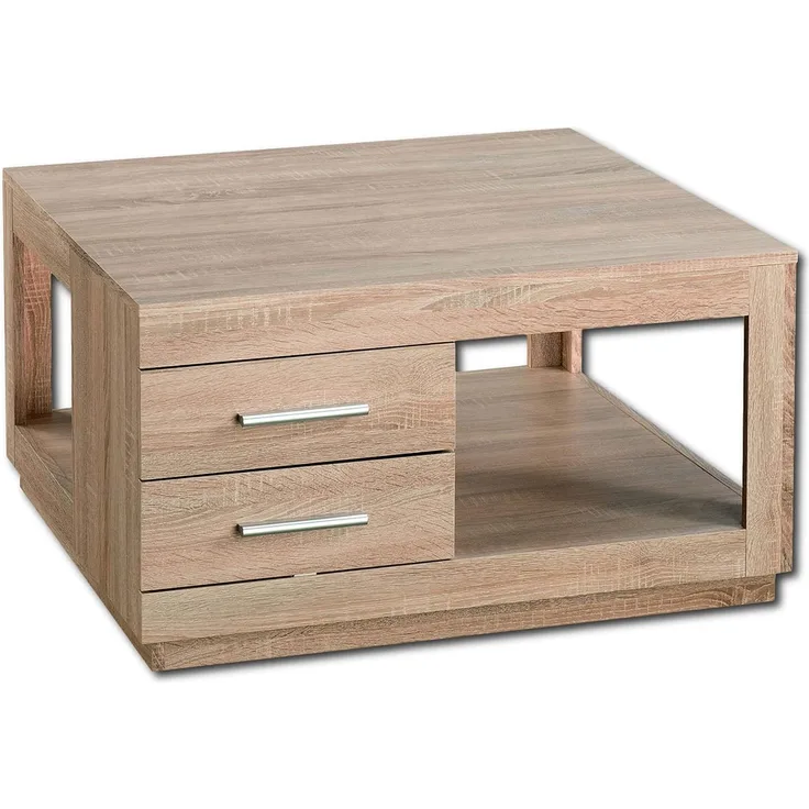 Stella Trading FESTIVAL Couchtisch mit zwei Schubladen in Eiche Sonoma Optik - geräumiger Sofatisch mit Ablage für Ihren Wohnbereich - 80 x 46 x 80 cm (B/H/T)