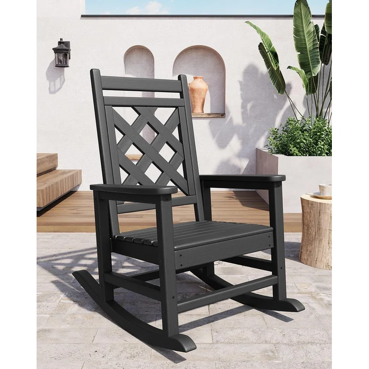 GarveeHome Wetterfester Schaukelstuhl Aus HDPE, Outdoor-Loungesessel Mit Karierte Rückenlehne Und Armlehnen, Großer Schaukelstuhl Mit Hoher Rückenlehne, Für Pool Und Terrasse, 61 x 89 x 102 cm