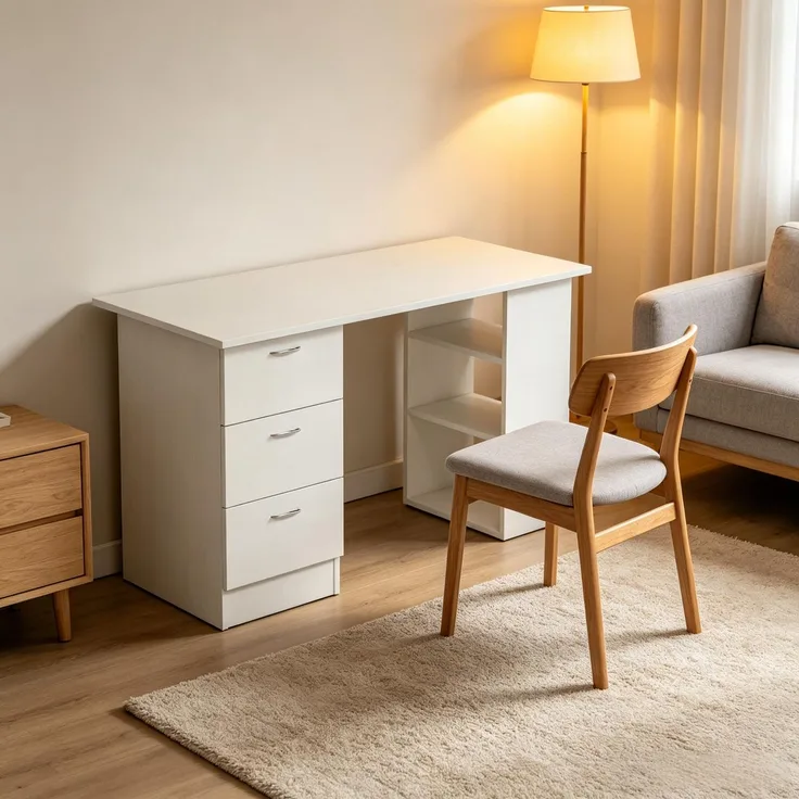 Schreibtisch 120x49x72 cm aus MDF, weiß, mit 3 Schubladen und 3 offenen Regalen