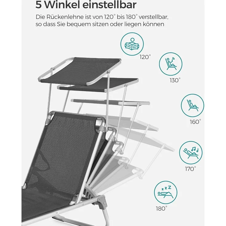SONGMICS Sonnenliege, klappbarer Liegestuhl, 193 x 55 x 31 cm, max. Belastbarkeit 150 kg, mit Sonnenschutz, Rauchgrau – Bild 4