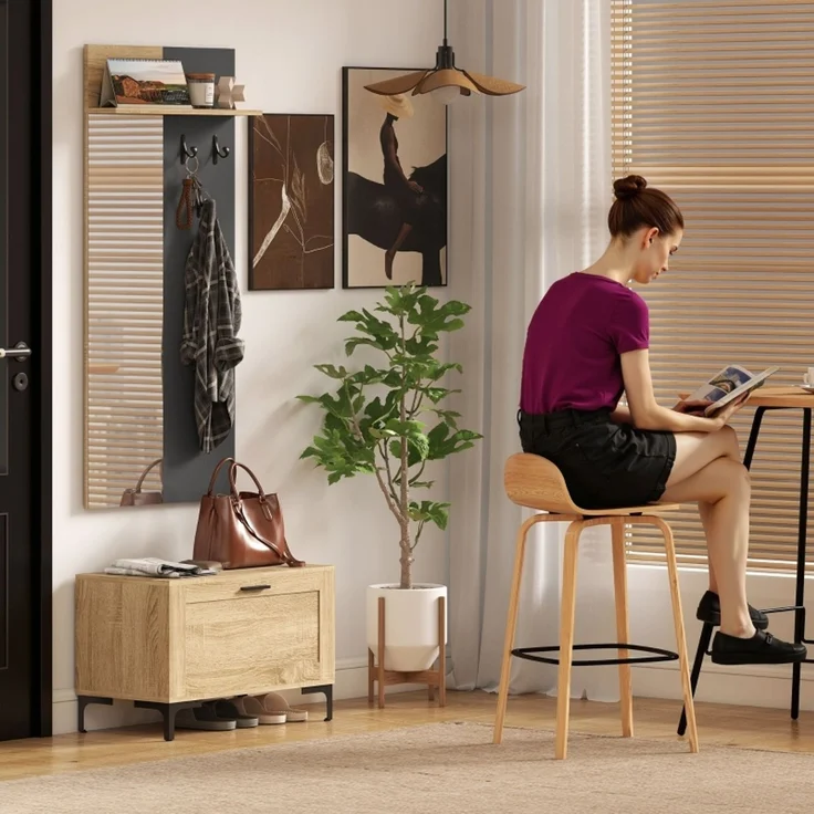 JARDJ Garderobenset für Eingangsbereich, Schuhbank, Spiegel, 3 Haken, Offenes Regal, Flurmöbel, 60*13,5*127,5cm – Bild 7