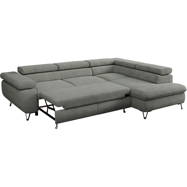 Mks Möbel 'Peter L-form' Ecksofa mit Bettfunktion, Bettkasten & einstellbaren Kopfstützen, Grau, Stoff, mit Topper, rechts – Bild 6