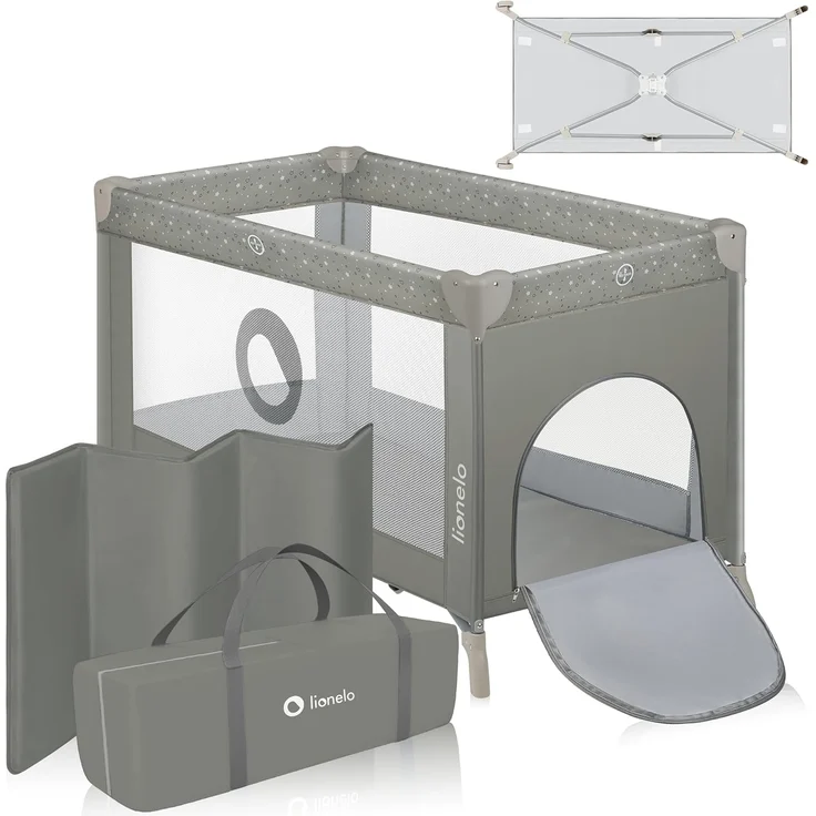 Lionelo Stefi Baby Kinderbett, Reisebett ab Geburt bis 15 kg, Seiteneingang, Sicherungssystem LockGuard, Blockade der Räder, Tragetasche, zusammenklappbar – Bild 1