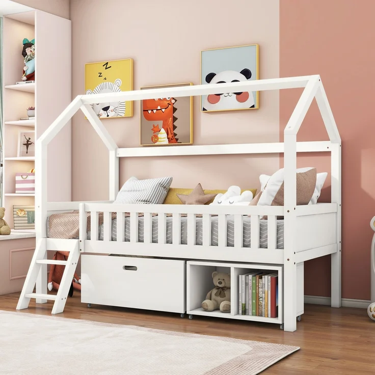 Merax Hausbett Kinderbett Jugendbett 200x90 Mit Schubladen und Ablagefächern Geeignet für Jungen und Mädchen Mit Anti-Drop-Geländer, Weiß (Ohne Matratze) – Bild 1