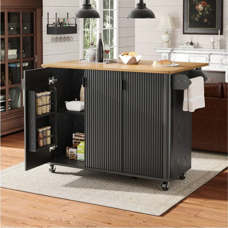 Celya Kücheninsel Kücheninsel, Speisewagen mit Holzmaserung, Ausziehbarer Küchenwagen, (3 Türen, schwarz), Buffet, 130x45(75)x92cm, Gewürzregal, Trennwände verstellbar – Bild 1