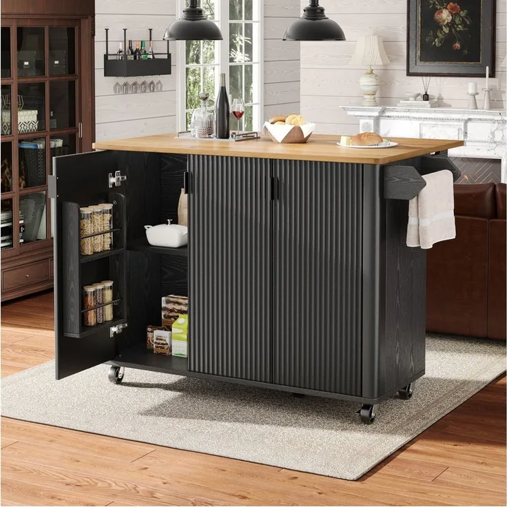 Celya Kücheninsel Kücheninsel, Speisewagen mit Holzmaserung, Ausziehbarer Küchenwagen, (3 Türen, schwarz), Buffet, 130x45(75)x92cm, Gewürzregal, Trennwände verstellbar
