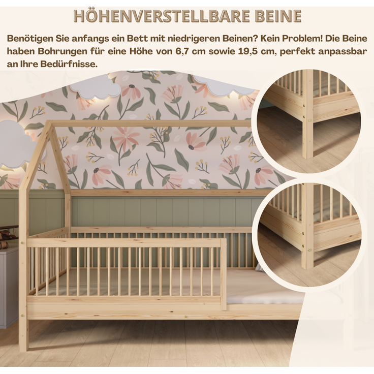 Crazy Pine 'Crazy Folly+' Hausbett mit hohem Rausfallschutz, Holz natur, 90x200 cm, mit Schublade – Bild 6