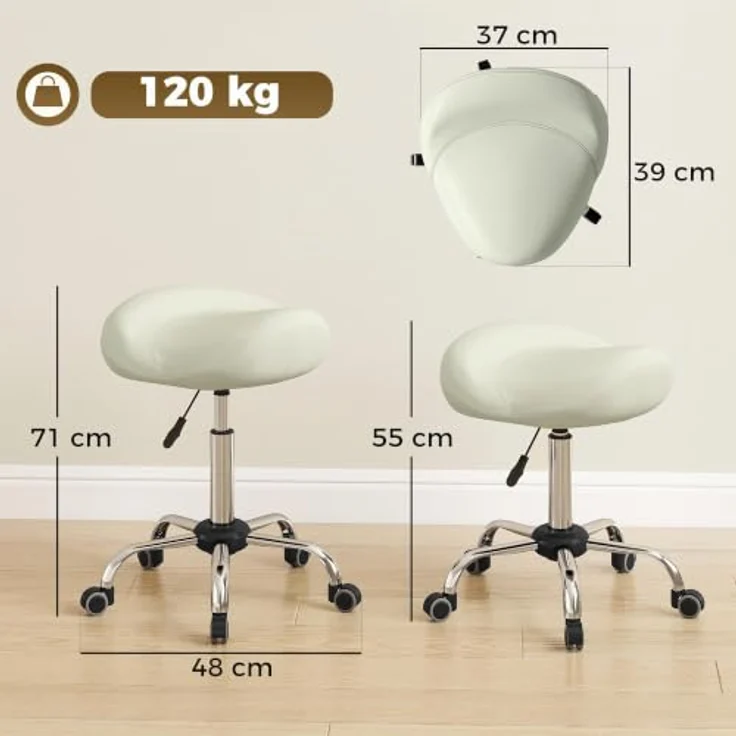 HOMCOM Rollhocker Höhenverstellbar 55-71 cm Sattelhocker Cremeweiß | Drehhocker, Arbeitshocker, 360° Drehbar, Bürohocker, Dick Polster, für Büro Salon Massage Spa – Bild 7