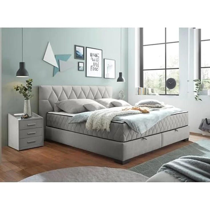 NAGOL B Boxbett 180x200, Silber - Bequemes Doppelbett mit Bettkasten und Premium 9-Zonen-Federkern Wendematratze - 205 x 114 x 214 cm (B/H/T) – Bild 3
