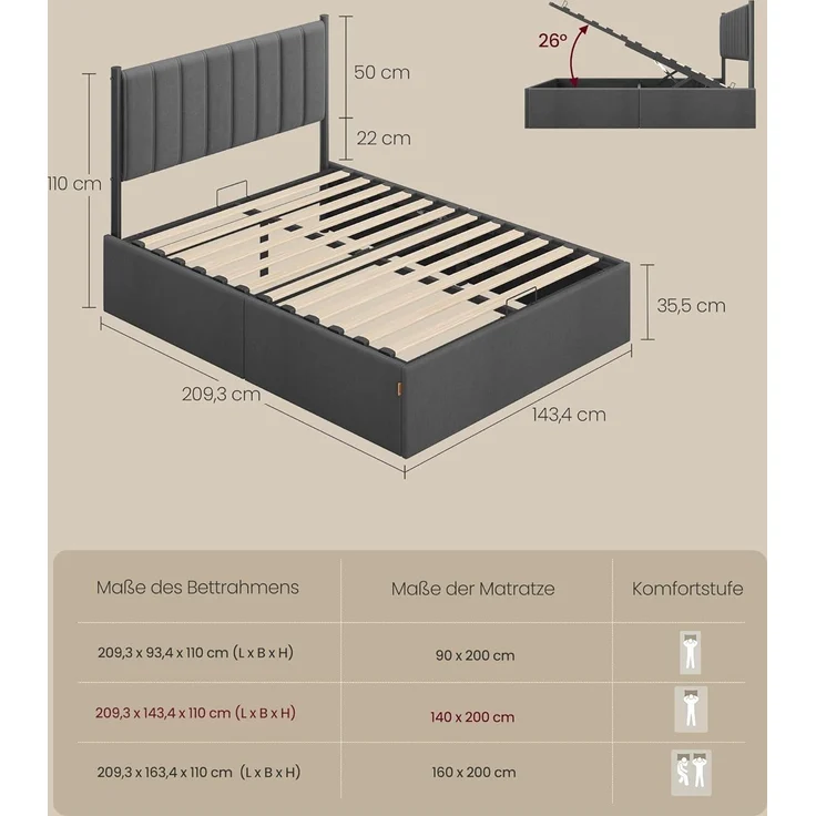 VASAGLE Bettgestell, Bettrahmen, Bett, 140 x 200 cm, klappbar Lattenrost, Unterbettaufbewahrung, Kopfteil, Hydrauliksystem, modern, einfache Montage, dunkelgrau – Bild 2