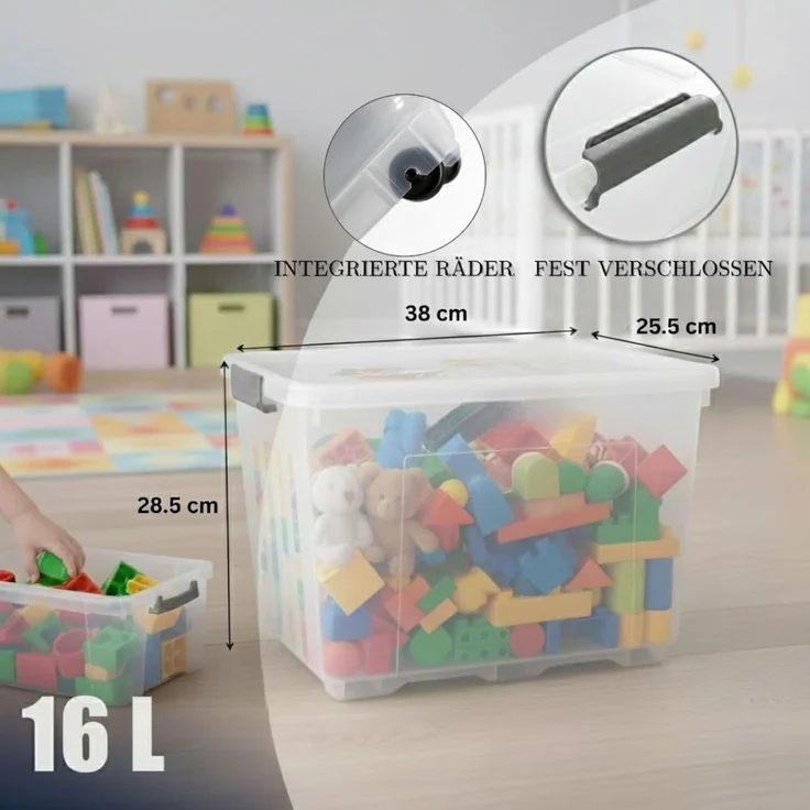 Plastard Aufbewahrungsbox mit Deckel & Rollen 15 - 110 Liter Stapelbar, Transportbox, Regalbox (4er-Set, 4 St), Lagerbox, Spielzeugbox, BPA-Frei, Storagebox für Spielzeug, mit Clips – Bild 2