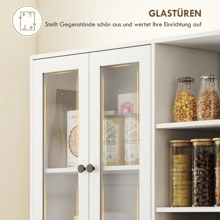 HOMCOM Küchenbuffet 172 cm groß (Schrank mit Glastüren, 1-St, Hochschrank) Großer Stauraum, Weiß – Bild 6