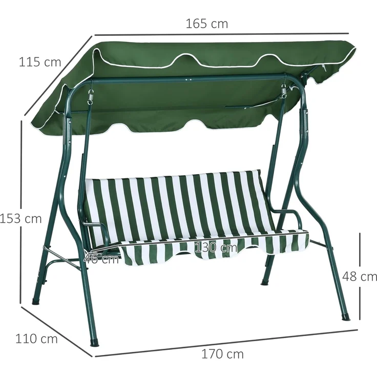 Outsunny Hollywoodschaukel Schwingbank mit Verstellbarem Sonnendach, 3-Sitzer, Relaxfunktion, Gartenschaukel, 1 tlg, Schaukelbank, Stahlrahmen, Grün 170 x 110 x 153 cm – Bild 7