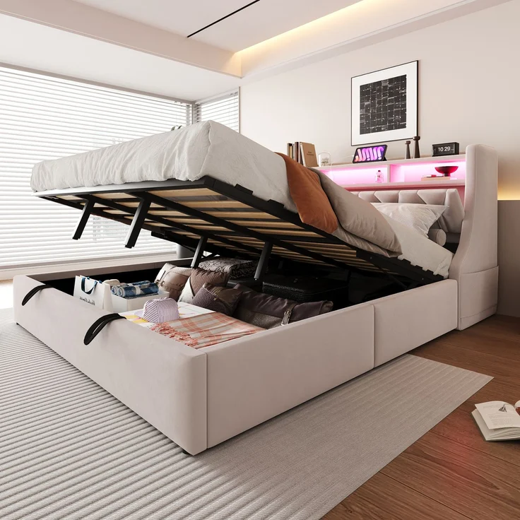 U-life Polsterbett 180x200 cm, fürs Schlafzimmer, hydraulischer Stauraum, klappbar, Steckdose und Ablagefach, LED-Beleuchtung, Sperrholz, Beige – Bild 1