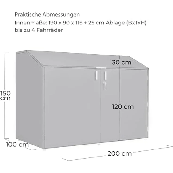 osoltus Fahrradgarage, Anthrazit RAL 7016, verzinktes Metall, abschließbar, 200 x 100 x 150 cm, Fahrradbox bis 4 Fahrräder – Bild 3