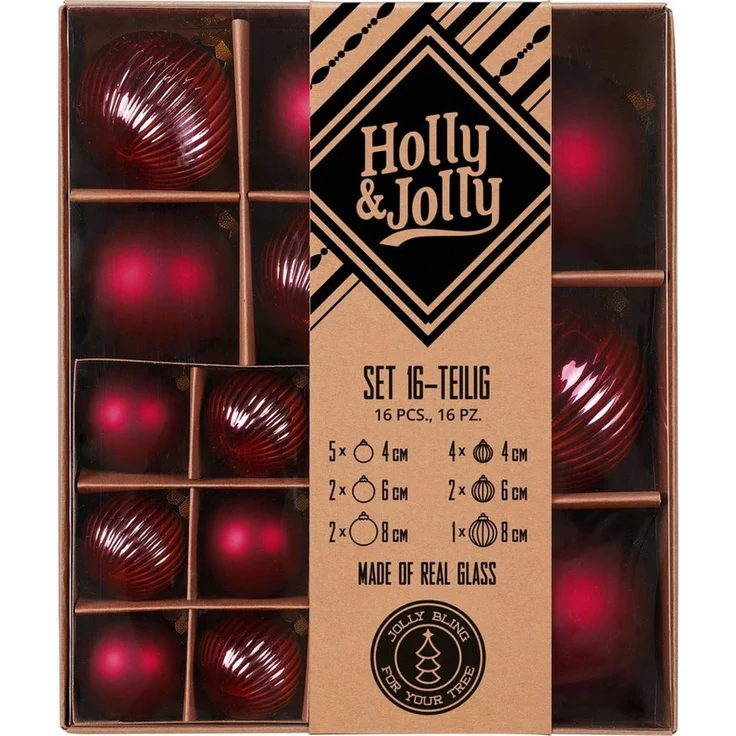 Holly & Jolly Weihnachtsbaumkugel, Weihnachtskugeln Glas 4-8cm Mix gerillt 16er Set - Vintage Rot