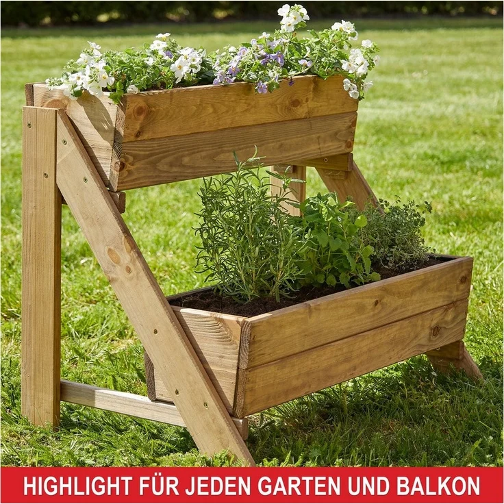 Onbest Pflanzentreppe Holz 2-stöckig 3-stöckig mit Innenvlies, 4 x14x19,5cm Pflanzkasten – Bild 3