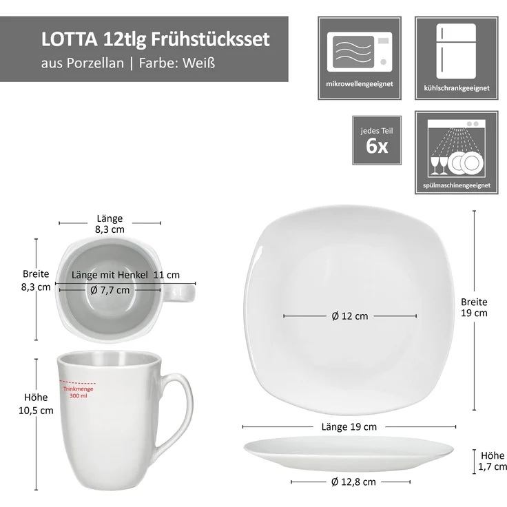 12tlg Frühstücksset Lotta weiß Porzellan 6 Personen kleine Teller Kaffeebecher – Bild 7