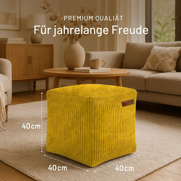 Green Bean Indoor Cord Sitzhocker Pouf Cube 40x40x40cm mit EPS-Perlen Füllung - kuschelig weich waschbar - die ideale Ergänzung zum Sitzsack für Kinder & Erwachsene - Gelb – Bild 4