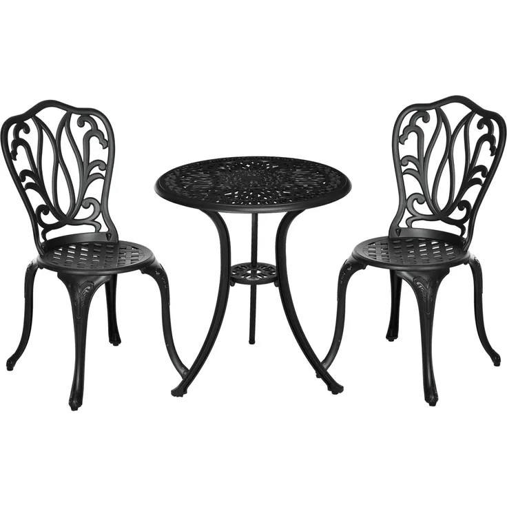 3-teiliges Gartenset mit 2 Gartenstühlen und einem Glas-Beistelltisch mit Sonnenschirmloch, aus Aluminium, schwarz