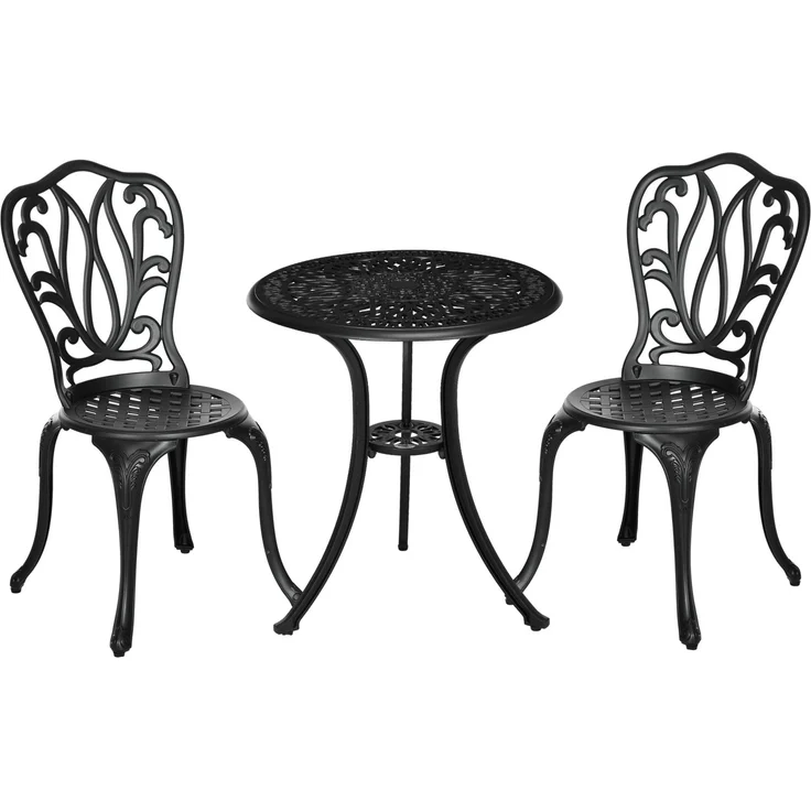 3-teiliges Gartenset mit 2 Gartenstühlen und einem Glas-Beistelltisch mit Sonnenschirmloch, aus Aluminium, schwarz – Bild 1