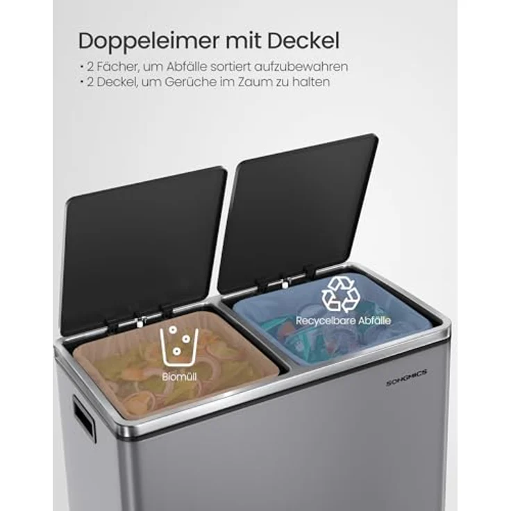 SONGMICS Mülleimer, 2 x 30 Liter, 2 Fächer, Mülltrennsystem, Treteimer, Abfalleimer Küche, 15 Müllsäcke, Metall, Inneneimer aus Kunststoff, Klappdeckel, Softclose, luftdicht, schiefergrau – Bild 3