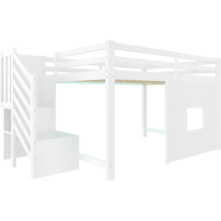 Hochbett mit Lattenrost und LED-Beleuchtung, 140x200 cm, Treppe mit Regal, Kinderbett mit Rausfallschutz, Spielbett, Kiefer – Bild 7