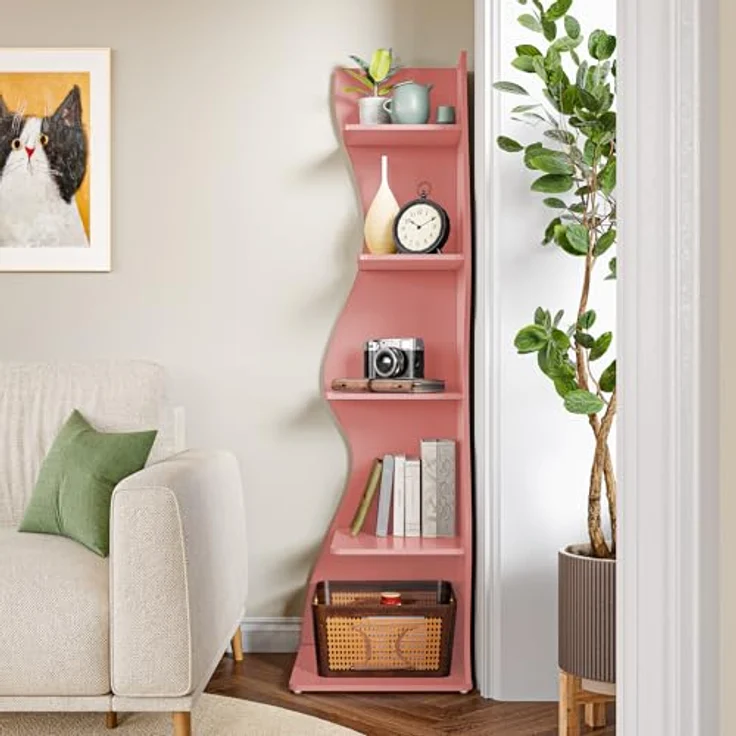 LITTLE TREE Bücherregal Ecke, Modernes Regal Schmal mit 6 Ebenen, 50 x 48 x 179 cm Bücherregal Holz, Standregal mit Wellen-Design für Kleine Räume, Wohnzimmer & Schlafzimmer, Rosa, 2er Pack – Bild 8