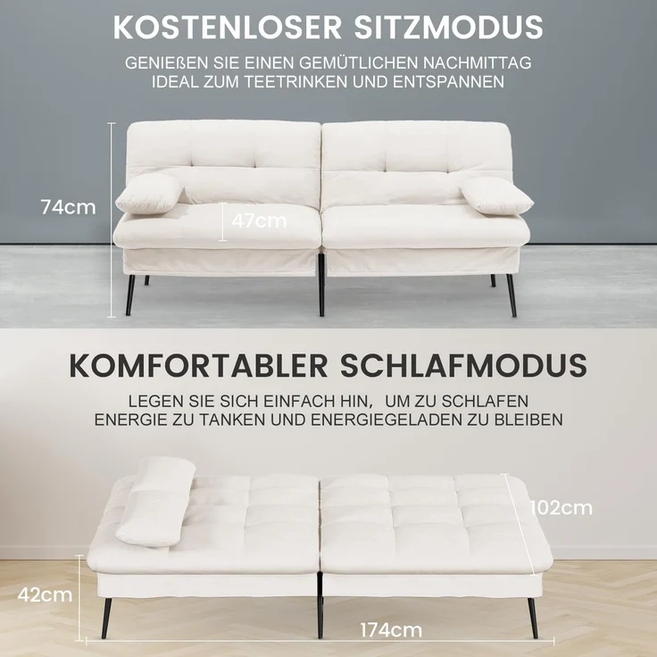COMHOMA Sofa Schlafsofa mit Schlaffunktion, überzug Futon Klappsofa, Bettcouch, ecksofa, Couch Gästebett, 3-Sitzer Sofa, mit verstellbare Rückenlehne aus Stoff Beige – Bild 3