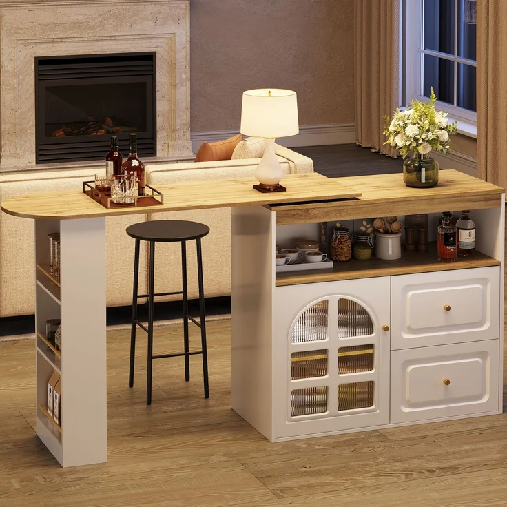 Stehtisch ausziehbar MDF Glastür Schubladen Snackregal 360°-Drehbar Sideboard Küchenwagen Wohnzimmertisch – Bild 2
