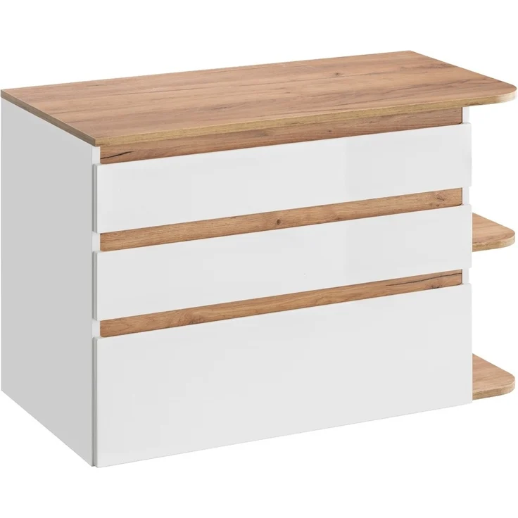 Waschtischunterschrank CAMPOS-56, Hochglanz weiß mit Wotaneiche, B/H/T: ca. 94/63,5/50 cm – Bild 1
