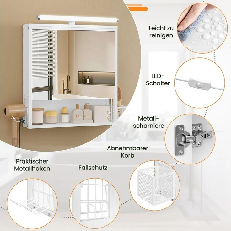 EUGAD Badezimmerschrank mit LED-Beleuchtung, Badezimmerschrank mit Spiegel, Badschrank hängend, mit Verstellbarer Ablage, Halter Korb, Metall MDF, Weiß, 56 x 13,5 x 65 cm – Bild 4