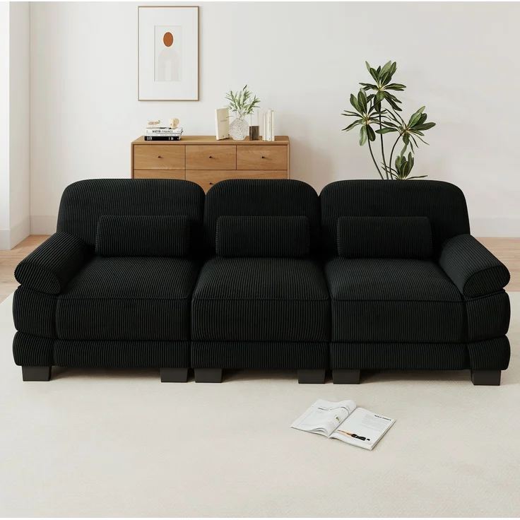 3-Sitzer-Modulsofa 265x88,5x94 cm aus schwarzem Cord mit Lendenkissen – Bild 3