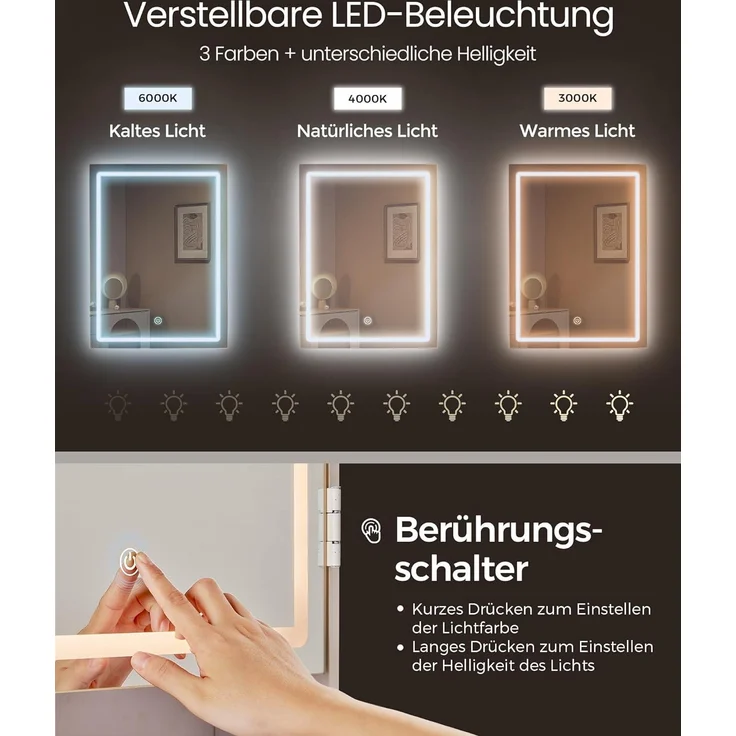VASAGLE Schminktisch mit LED-Beleuchtung, einstellbare Helligkeit, Frisiertisch mit Spiegel, Kosmetiktisch mit Schubladen, offenen Fächern, verstellbaren Ablagen, modern,97. 5cm,wolkenweiß von SONGMICS – Bild 3