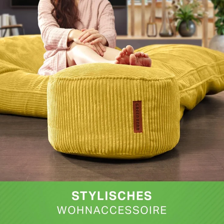 Green Bean Indoor Cord Sitzhocker Pouf Stay 45x25 cm mit EPS-Perlen Füllung - kuschelig weich waschbar - die ideale Ergänzung zum Sitzsack für Kinder & Erwachsene - Gelb – Bild 6
