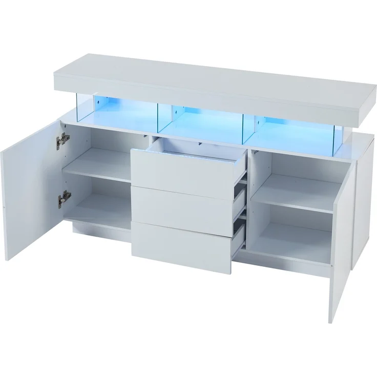 ZUBALIYA Sideboard 140x35x80 cm, mit LED-Beleuchtung, Hochglanz, aus Spanplatte, Weiß – Bild 20