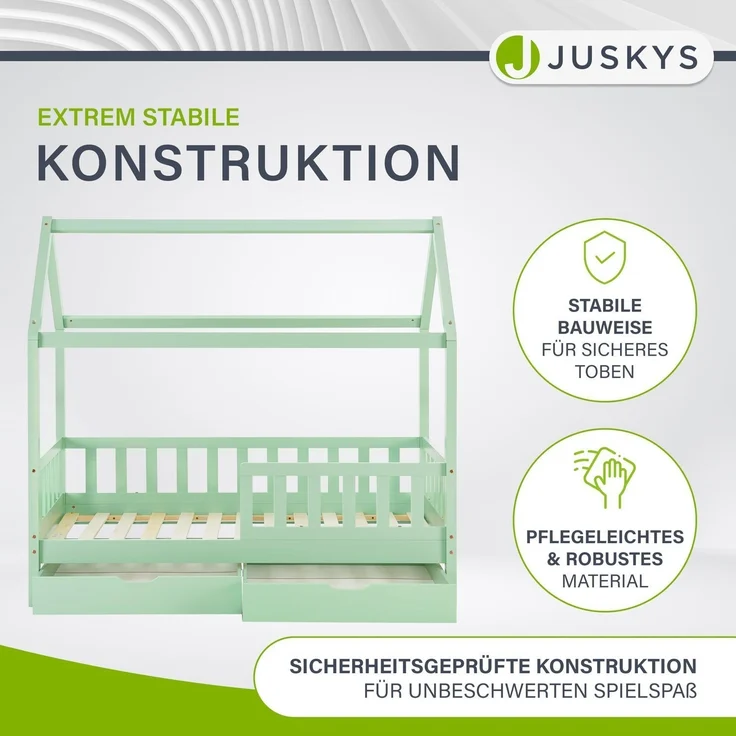 Juskys Kinderbett Marli 90 x 200 cm mit Matratze, Bettkasten, Rausfallschutz, Lattenrost & Dach - Massivholz Hausbett für Kinder - Bett in Mint – Bild 4