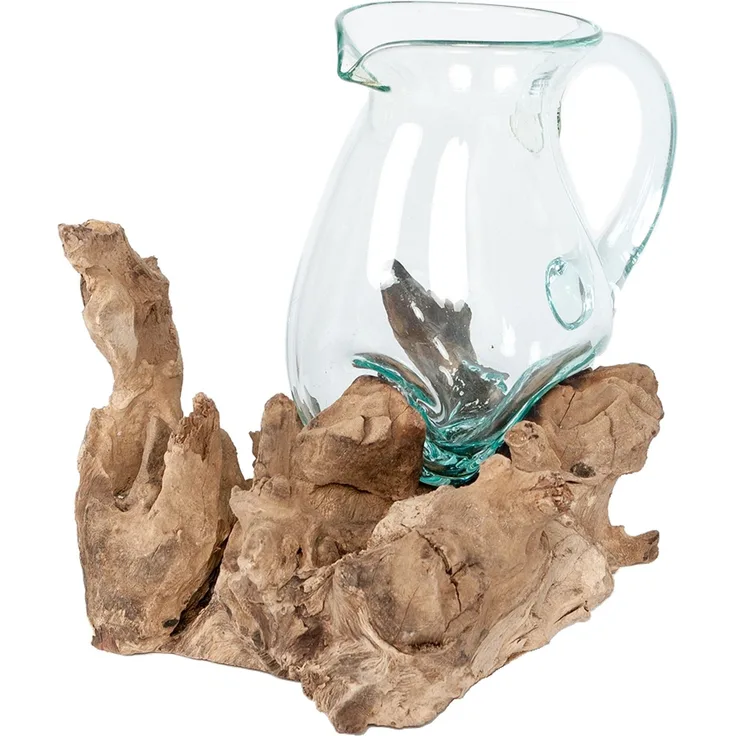 Karaffe DROP Teak Wasserkaraffe Glaskaraffe Kanne Unikat Handarbeit mundgeblasen