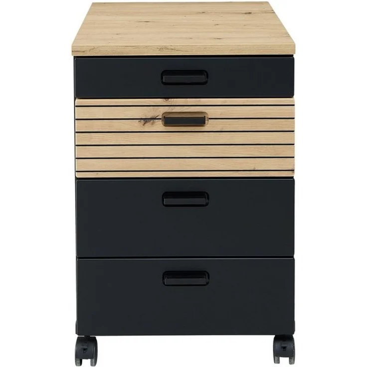 Stella Trading Glenn Rollcontainer Schreibtisch in Schwarz, Artisan Eiche Optik - Mobiler Büroschrank mit Schubladen - 45 x 66 x 55 cm (B/H/T) – Bild 4