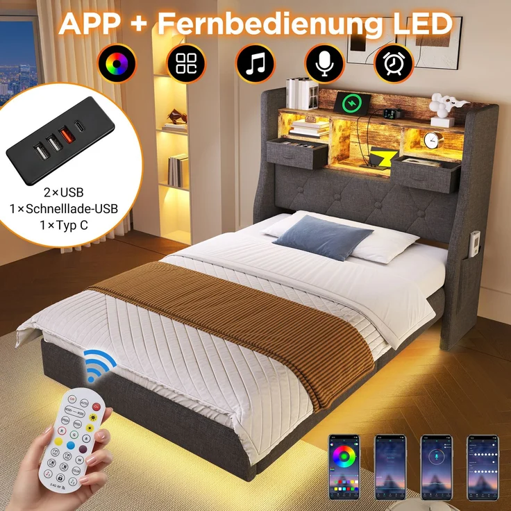 Polsterbett 90x200 cm Schwebebett mit LED-Beleuchtung, Kopfteil und Ladestation(1 Type-C, 3 USB-Anschlüsse), Modern Einzelbett mit Stauraum-Kopfteil und lattenrost, Leinen, Grau(Ohne Matratze) – Bild 3