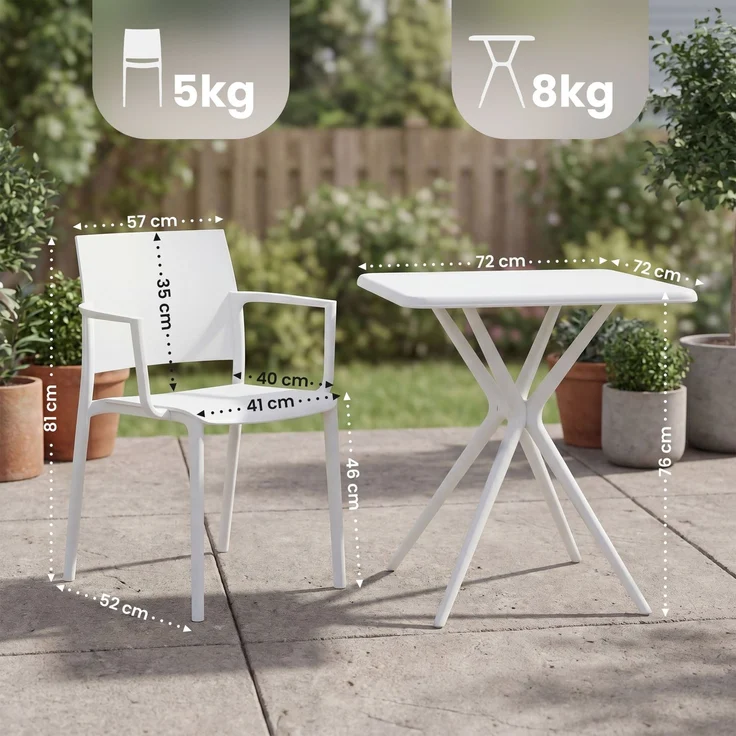 Gartenmöbel-Set FRIDA mit 2 Stühlen - 186 x 72 x 81 cm, Kunststoff, Weiß | Balkonset Gartenset Tisch mit Stühlen Bistroset Outdoor – Bild 2